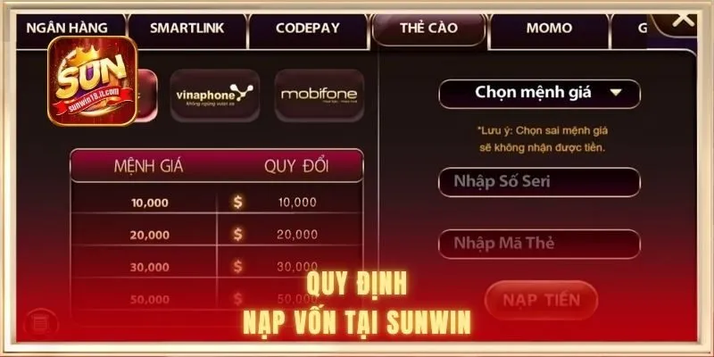 Quy định nạp vốn tại SUNWIN